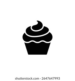 Silhueta isolada em preto e branco de um cupcake congelado. O cupcake tem uma base canelada e um redemoinho de glacê no topo. Perfeito para receitas ou decorações.