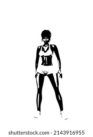 Isolated black and white silhouette of a toned sporty woman wearing gym clothes from the front view.