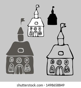 Isolated black and white silhouettes of houses on grey background. The design is perfectly suitable for clothes design, children decoration, stickers, stationary. 