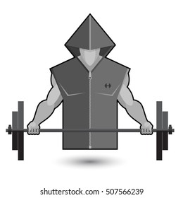 Isolated black and white strong man with a barbell on a white background.