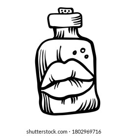 Isolated black and white vector abstract design of ornamental lips in test tube