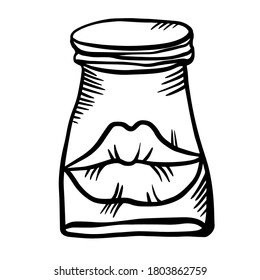 Isolated black and white vector abstract design of ornamental lips in test tube