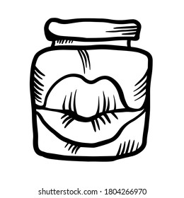 Isolated black and white vector abstract design of ornamental lips in test tube