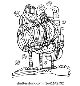 Isolated black and white vector design of lined trees landscape. The design is perfect for stickers, badges, decorations, stationary and tattoos. 