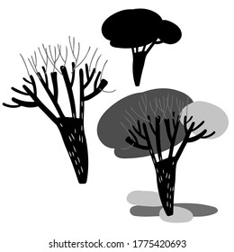 Isolated black and white vector design of lined abstract trees landscape. 