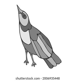 Isolated black and white vector design with lined silhouette of cute bird on white. The design is perfect for stickers, badges, decorations, stationary and tattoos. 