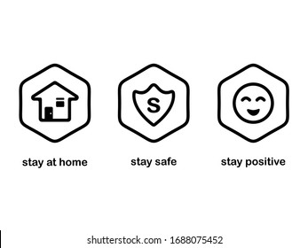 Isolated black and white vector icons stay at home, stay safe, stay positive. Coronavirus hashtag phrases on white background.
