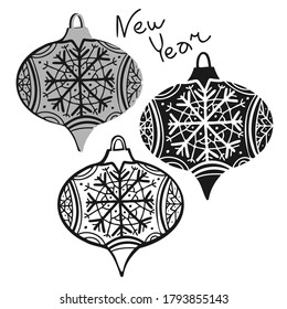 Ilustración vectorial en blanco y negro aislada de decoraciones de juguetes de árbol de Navidad