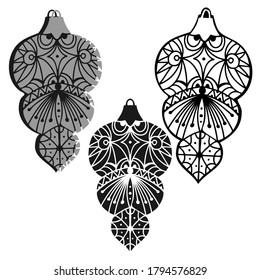 Isolated black and white vector illustration of Christmas tree toys decorations