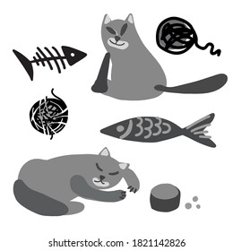 El diseño aislado de ilustraciones vectoriales en blanco y negro envuelve siluetas y peces de gatos de dibujos animados abstractos. El diseño es perfecto para tarjetas, pegatinas, carteles, coloreado, postales, logos, tatuajes