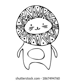 Isolated black and white vector illustration design of a lined ornamental abstract cute lion cat. The design is perfect for cards, stickers, posters, coloring, postcards, logos, tattoos