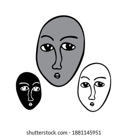 Isolated black and white vector illustration set of abstract lined cubist faces. The design is perfect for stickers, packages, decorations, textiles, surfaces, stationary