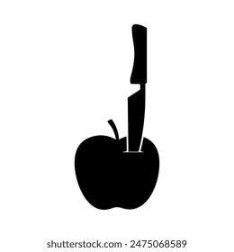 Isolated black and white vector illustration of a knife stabbing an apple.