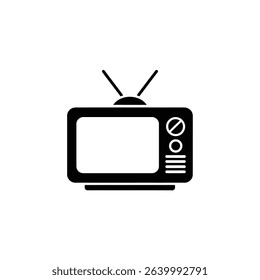 Isolated black and white vector illustration of a retro-style television. The TV features antenna, a screen, a knob, and speaker vents. Vintage media design.