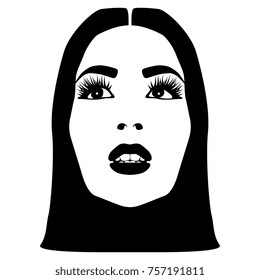Isolated black and white vector illustration of a beautiful white girl's face.
