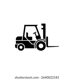 An isolated black and white vector image shows a forklift with a steering wheel and forks, featuring bold lines and a minimalist design, perfect for various industrial contexts.