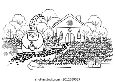 Isolated black and white vector lined illustration of a gnome with a house in a forest and grass. The design is perfect for cards, decorations, packaging, stickers, coloring books and illustrations