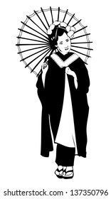 Isolated black and white vector on white background of a Japanese Geisha with flowers in her hair holding her kimono and an umbrella 