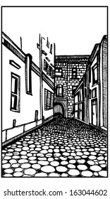 Isolated black and white vector painted illustration of a narrow village street with cobblestones, puddles, old architecture buildings and shadows. 