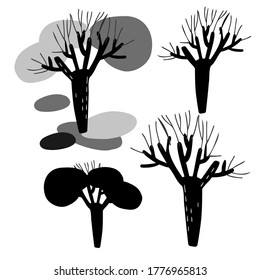 Isolated black and white vector set design of lined trees landscape with spots.