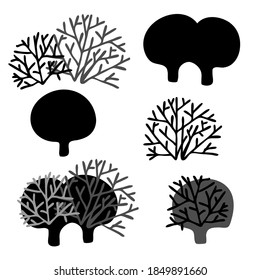 Isolated black and white vector set design illustration of lined silhouettes of trees and bushes. The design is perfect for stickers, badges, decorations, stationary and tattoos. 
