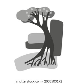 Isolated black and white vector set design illustration of lined silhouettes of trees and bushes. The design is perfect for stickers, badges, decorations, stationary and tattoos. 
