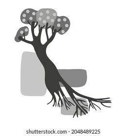 Isolated black and white vector set design illustration of lined silhouettes of trees and bushes. The design is perfect for stickers, badges, decorations, stationary and tattoos. 