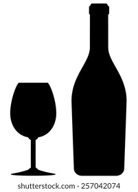 isolated black wine bottle and glass icon on white background