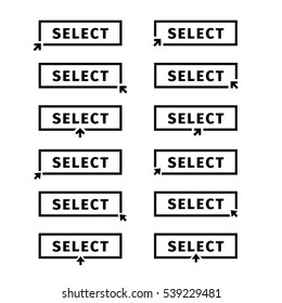 Isolated black word select in frame on white background logo collection. Website element with cursor logotype set. Choice button icon. Unusual stamp vector illustration