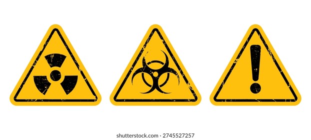 Isolated black and yellow warning sign set featuring radiation symbol, biohazard icon, and exclamation mark alert inside triangular caution shapes. Distressed grunge texture adds worn, scratched industrial surface effect for realistic hazard signage appearance. High-contrast safety design suitable for construction sites, laboratories, hazardous material zones, factories, and workplace compliance graphics. Fully editable and scalable vector for print and commercial use.