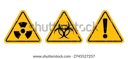 Isolated black and yellow warning sign set featuring radiation symbol, biohazard icon, and exclamation mark alert inside triangular caution shapes. Distressed grunge texture adds worn, scratched industrial surface effect for realistic hazard signage appearance. High-contrast safety design suitable for construction sites, laboratories, hazardous material zones, factories, and workplace compliance graphics. Fully editable and scalable vector for print and commercial use.