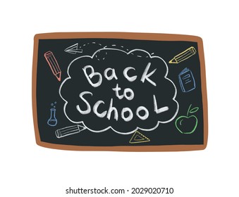 Isolated blackboard with doodles and lettering text. Back to school concept. Vector illustration EPS 10