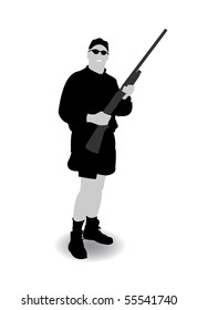 Isolated black-white hunter silhouette, vector illustration