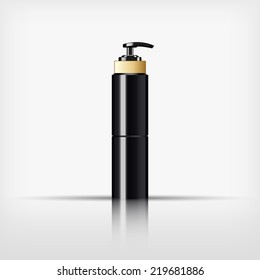 Isolated blank black cosmetic and gold cap with black pump top bottle on white background (vector)