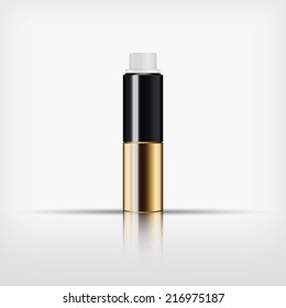 Isolated blank cosmetic black and gold bottle with white cap on white background (vector) 