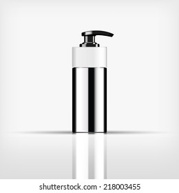 Isolated blank cosmetic black pump top bottle with white cap on white background (vector)