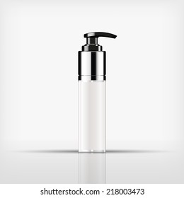 Isolated blank cosmetic black pump top bottle with silver cap on white background (vector)