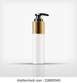 Isolated blank cosmetic black pump top bottle with gold cap on white background (vector)