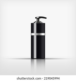 Isolated blank cosmetic black pump top bottle with silver band on white background (vector)
