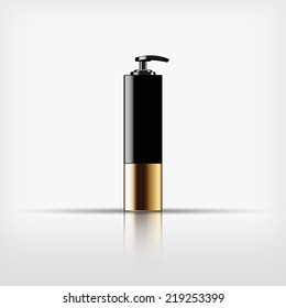 Isolated blank cosmetic black pump top bottle with gold on white background (vector) 