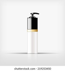 Isolated blank cosmetic black pump top bottle with gold band on white background (vector) 