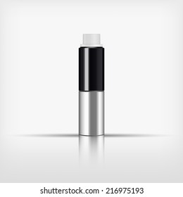 Isolated blank cosmetic black and silver bottle with white cap on white background (vector) 