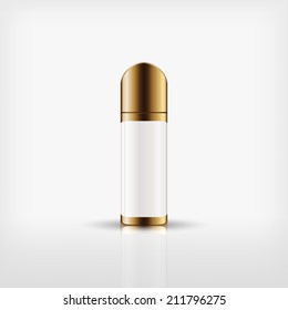 Isolated blank cosmetic bottle with gold cap on white background (vector)