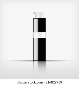 Isolated blank cosmetic pump top black bottle with white band on white background (vector) 