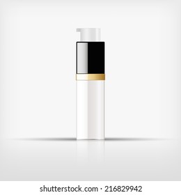 Isolated blank cosmetic pump top white bottle with gold band on white background (vector) 