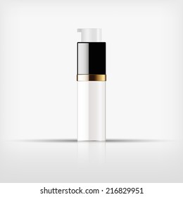 Isolated blank cosmetic pump top white bottle with gold band on white background (vector) 