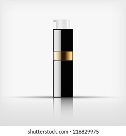 Isolated blank cosmetic pump top black bottle with gold band on white background (vector) 