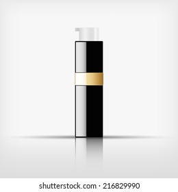 Isolated blank cosmetic pump top black bottle with gold band on white background (vector) 