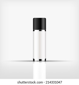 Isolated blank cosmetic silver bottle with black cap on white background (vector)