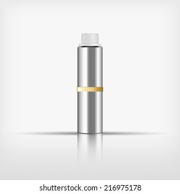 Isolated blank cosmetic silver bottle with white cap and gold band on white background (vector) 